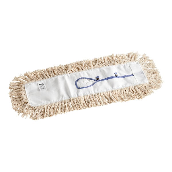 A white dry mop head with a blue strap.