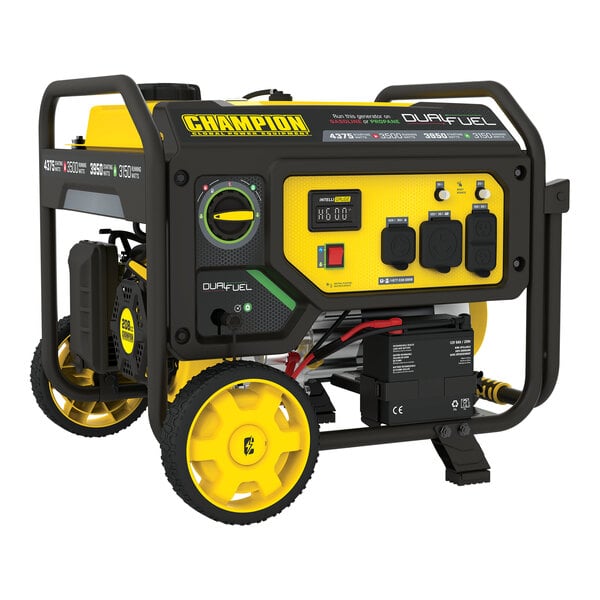 A close-up of a yellow and black Champion portable generator with wheels.