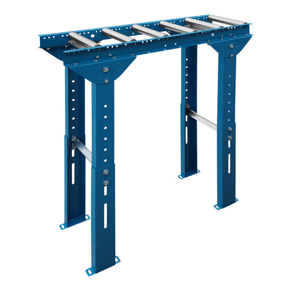 A blue metal Lavex gravity conveyor with galvanized steel rollers.