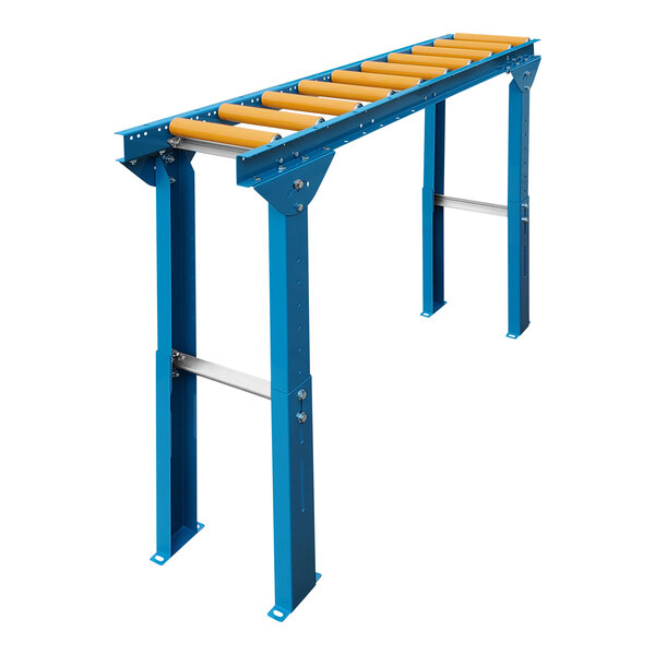 A blue metal roller conveyor with yellow rollers and legs.