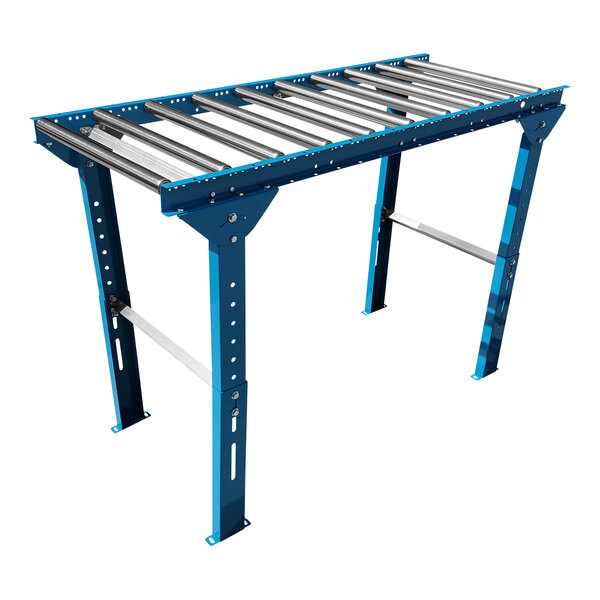 A blue metal Lavex gravity roller conveyor with metal rods.