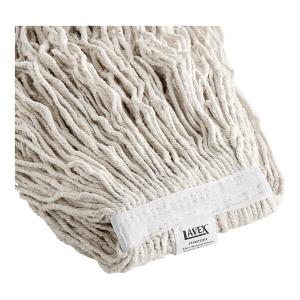 A close-up of a white Lavex Natural Cotton Cut-End Mop Head.