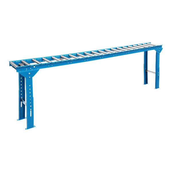 A galvanized steel roller conveyor with blue rollers and silver legs.