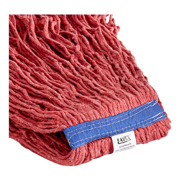 A close-up of a red Lavex Pro rayon blend mop head with a blue stripe.