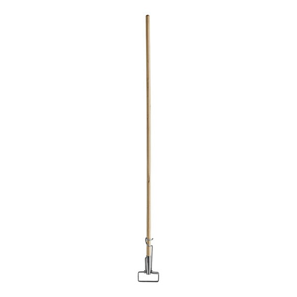 A long wooden Lavex mop handle with a metal clamp.