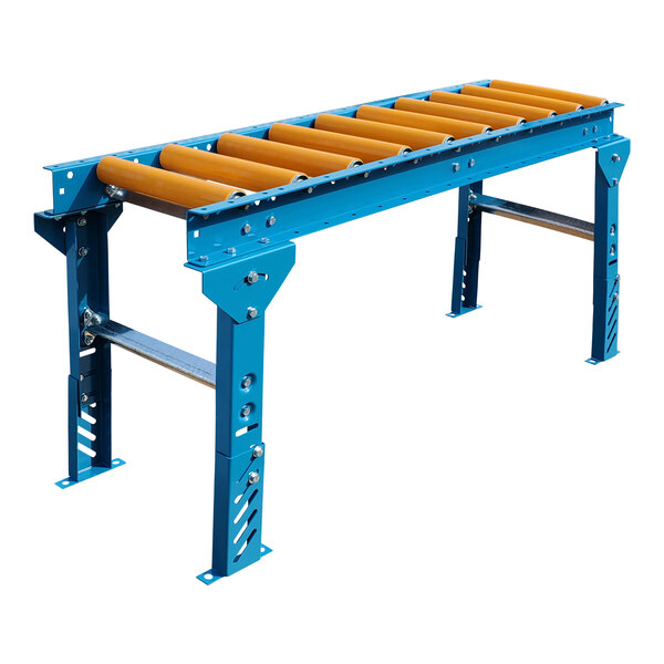 A blue roller conveyor with yellow rollers and legs.