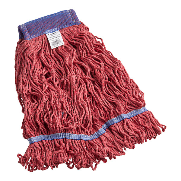 A red Lavex Pro rayon blend mop head with a blue trim.