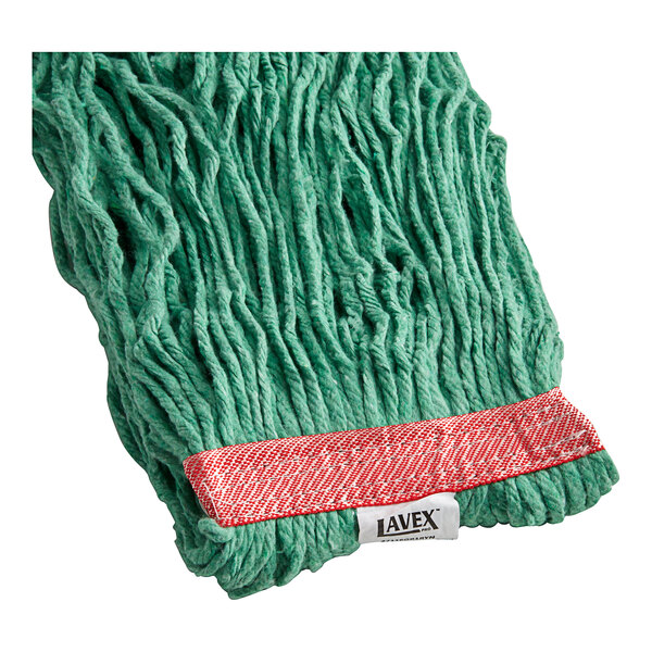 A green Lavex Pro looped end mop head with a red stripe.
