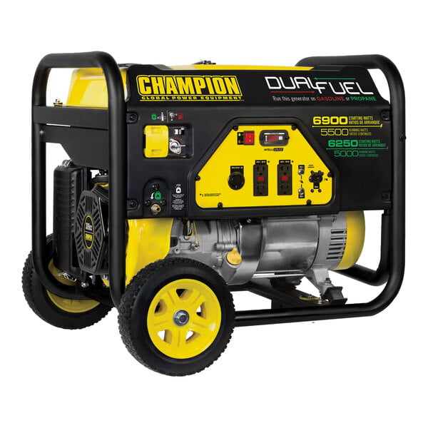 A yellow and black Champion portable generator with wheel kit.