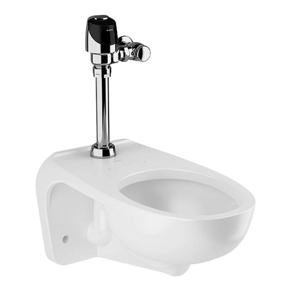 A white Sloan wall-mounted toilet with a silver pipe.