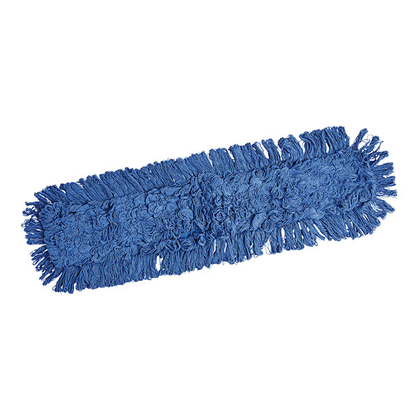 A close-up of a blue Lavex dry mop with fringes.
