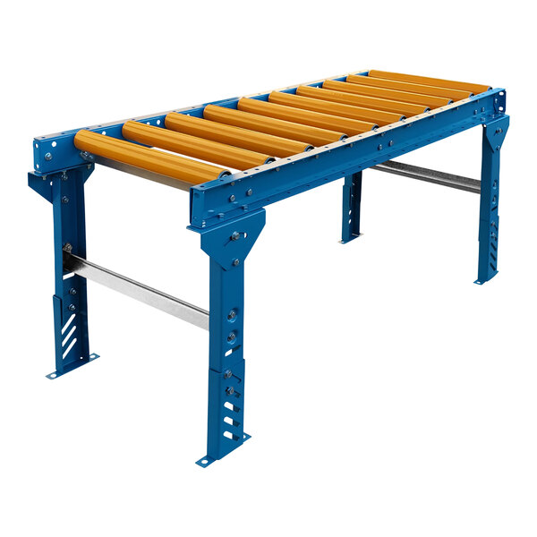 A blue and yellow Lavex roller conveyor with legs.