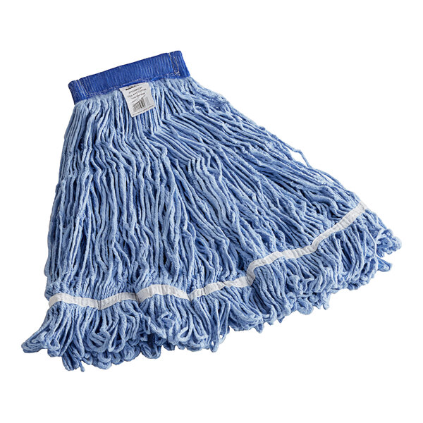 A blue Lavex cotton looped end mop head with a white stripe.