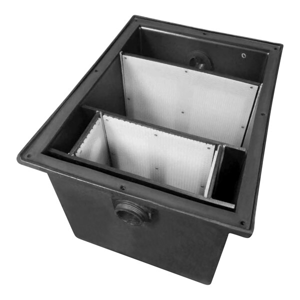 A black rectangular Ashland PolyTrap sediment interceptor with two compartments inside.