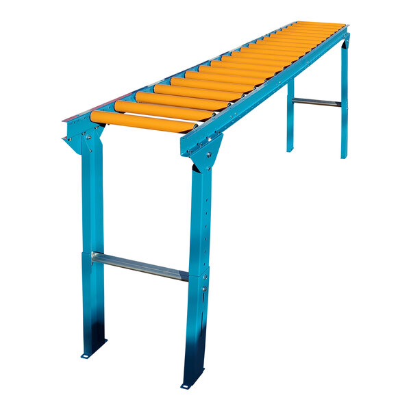 A blue and orange Lavex roller conveyor with legs and polyurethane-coated rollers.