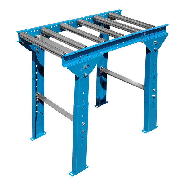 A Lavex blue and metal roller conveyor table with legs.