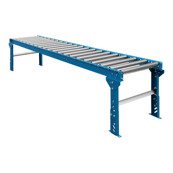 A Lavex blue steel roller conveyor with legs.