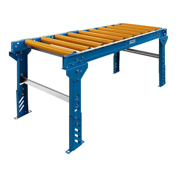 A blue and yellow Lavex roller conveyor with legs.