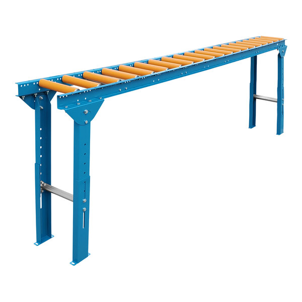 A blue roller conveyor with orange polyurethane-coated rollers and legs.