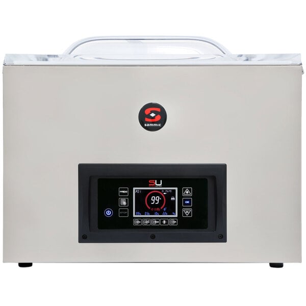 A white rectangular Sammic vacuum packaging machine with a black digital display and buttons.