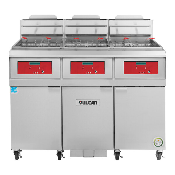 A large metal Vulcan floor fryer with red handles and white buttons.