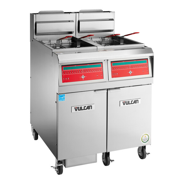 A Vulcan QuickFry Series liquid propane double floor fryer with computer controls and KleenScreen PLUS filtration system.