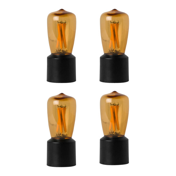 A group of four Hollowick Nexis LED Edison light bulbs with orange lights and black caps.