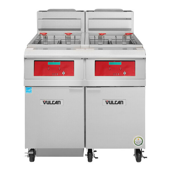 A large Vulcan floor deep fryer with red rectangular digital controls.