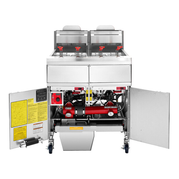 A commercial liquid propane floor fryer with four baskets, analog controls, and an integrated filtration system.