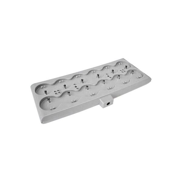 A white plastic Hollowick Platinum+ pin-based charging tray with six holes.