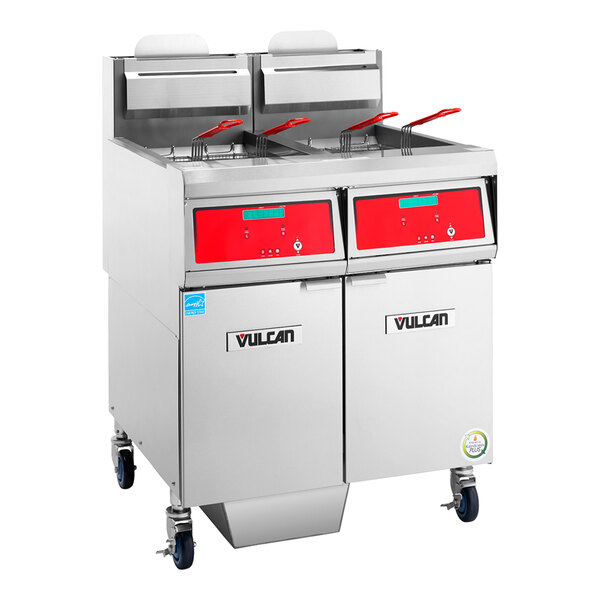A commercial Vulcan natural gas floor fryer with digital controls and filtration system, featuring two fry baskets and a stainless steel exterior.