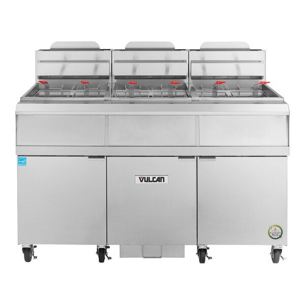 A large Vulcan liquid propane floor fryer with black and white labeling.