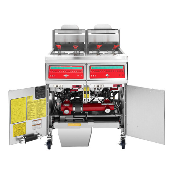 A commercial double floor fryer with computer controls and an open cabinet showing internal filtration components.