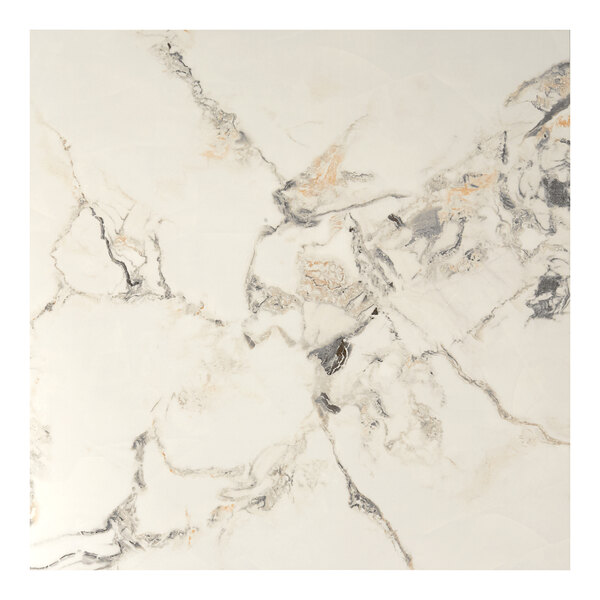 A close-up of an Art Marble Furniture White Calacatta Sintered Stone Tabletop with gold and white marble.