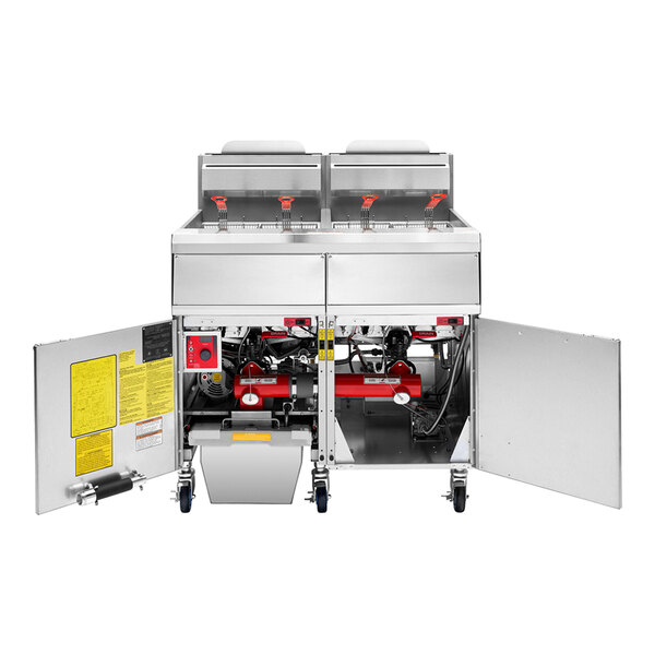 A commercial double floor fryer with analog controls and built-in filtration system, featuring two fry baskets and open cabinet doors revealing internal components.