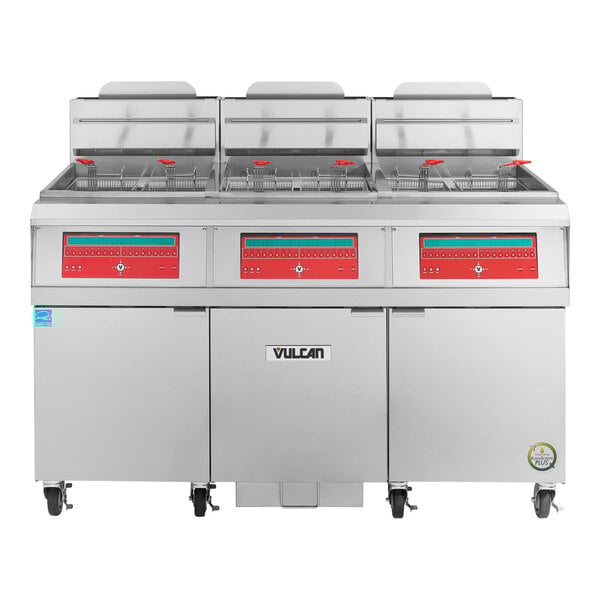 A large stainless steel Vulcan gas floor fryer with computer controls.