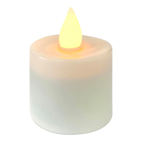 A close up of a Hollowick clear flameless candle with a yellow flame.