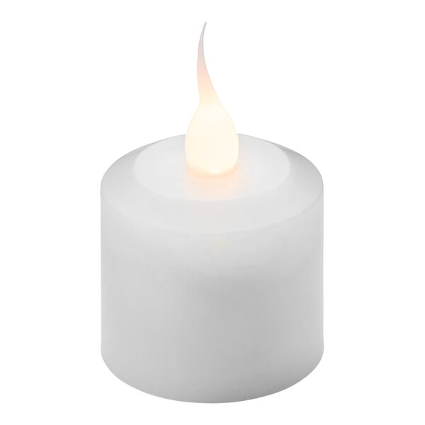 A white Hollowick Nexis rechargeable LED tea light with a flame.