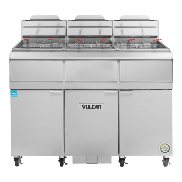 A Vulcan QuickFry natural gas floor fryer with analog controls.