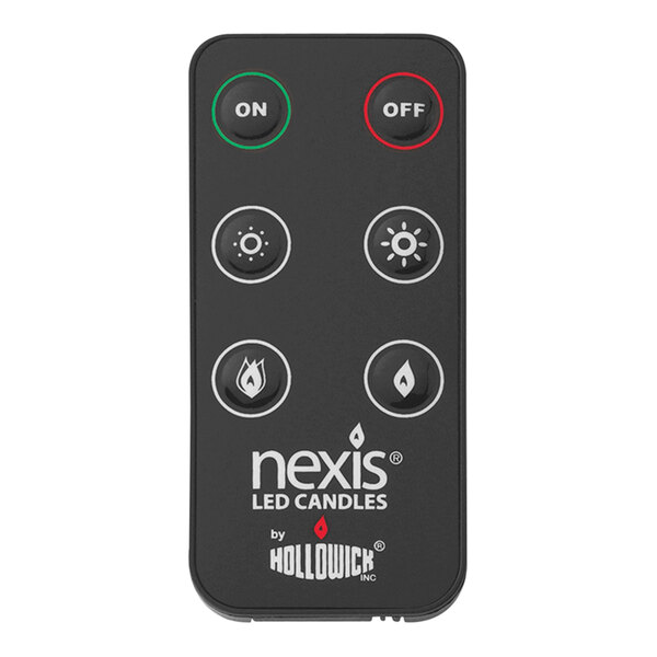 A black rectangular Hollowick Nexis magnetic remote control with white buttons.