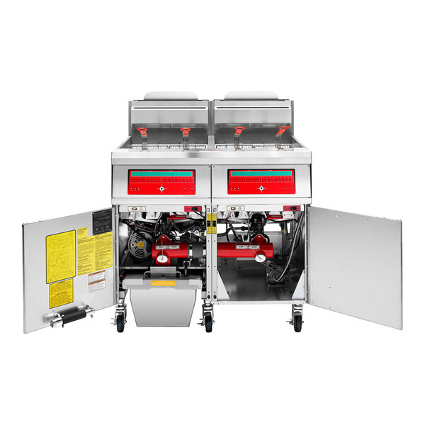 A commercial double floor fryer with computer controls and an integrated filtration system, featuring open cabinet doors to show internal components.
