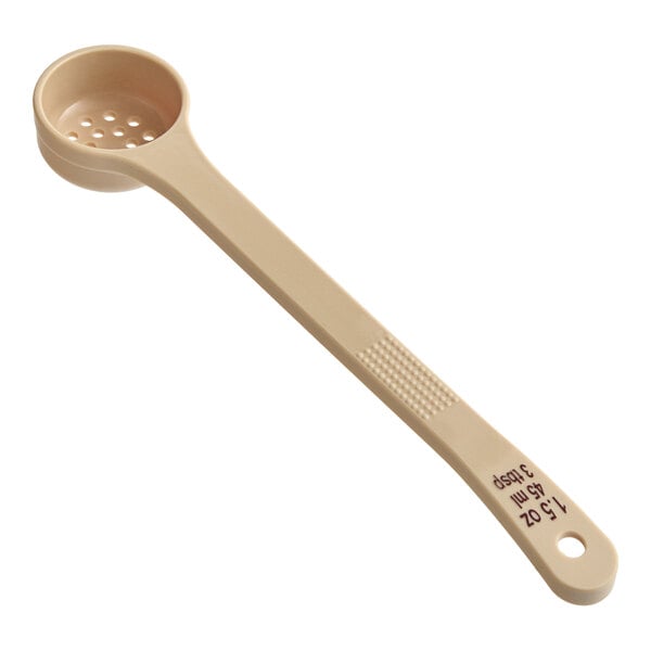 A Tablecraft beige plastic long handle perforated portion spoon.