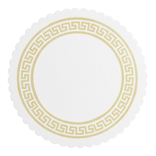 A white and gold Hoffmaster round coaster with a greek key design.