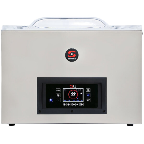 A white rectangular Sammic chamber vacuum packaging machine with a black digital display.