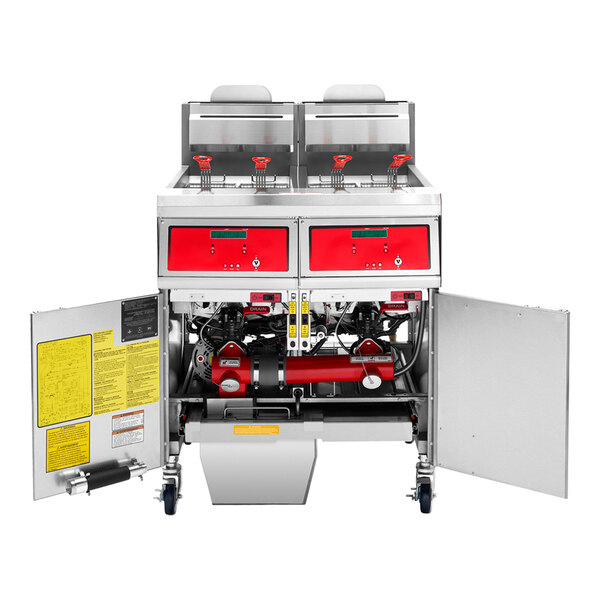 A commercial double floor fryer with digital controls and an open cabinet showing internal filtration components.