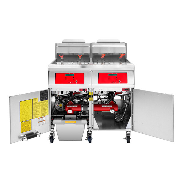 A commercial floor fryer with four units, digital controls, and an integrated filtration system, designed for high-capacity frying.