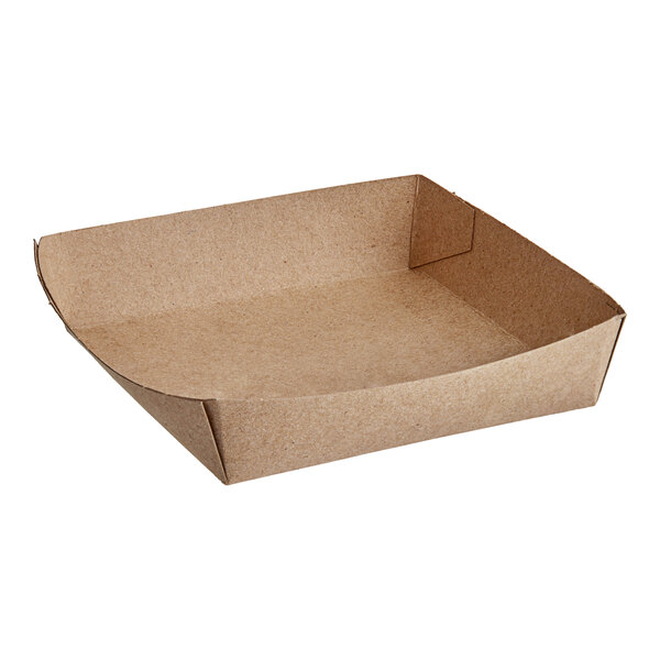 A brown cardboard container with a curved edge.