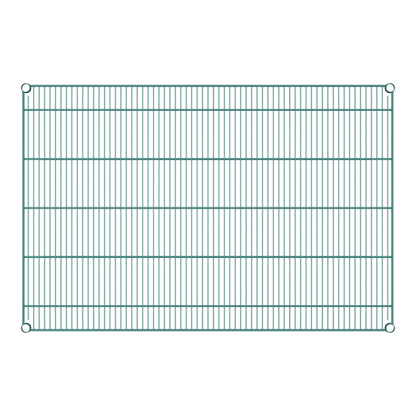 A green wire shelf by Regency on a white background.