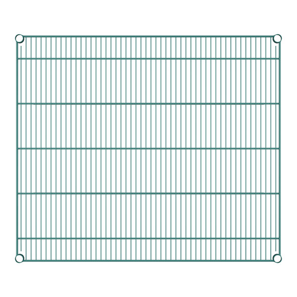 A close-up of a green wire mesh shelf.