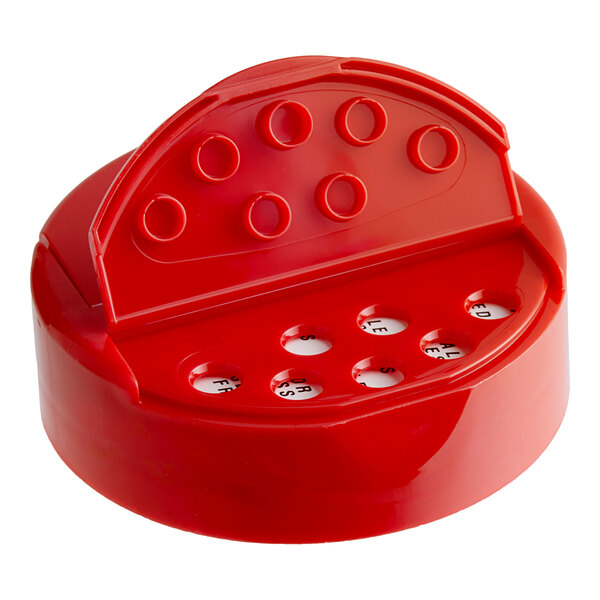 A red plastic dual-flapper spice lid with 7 holes.